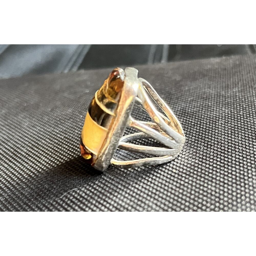 Vintage Artisan Sterling Silver Striped Honey Baltic Amber Split Shank Ring 7.5 - Picture 3 of 15